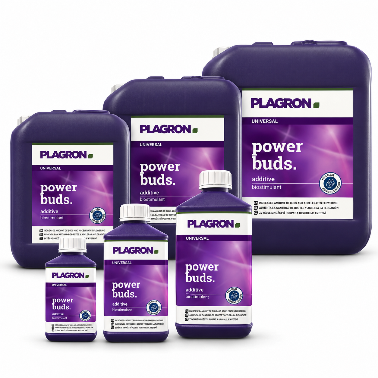 Plagron Power Buds 250 ml, 500 ml and 1 litre bottles with 5 litre, 10 litre and 20 litre jerrycans on a white background.